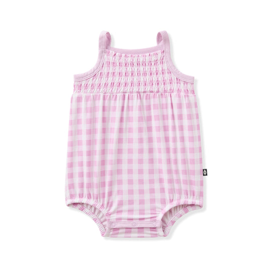 Smocked Bubble Romper in Gingham Thistle