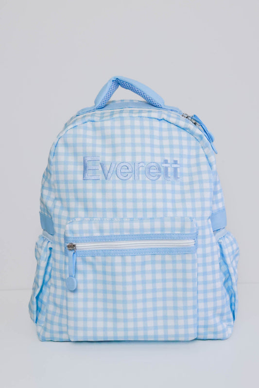 Kids Embroidered Backpack | Blue Gingham