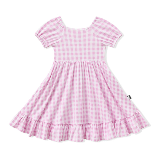 Puff Sleeve Twirl Dress in Gingham Thistle