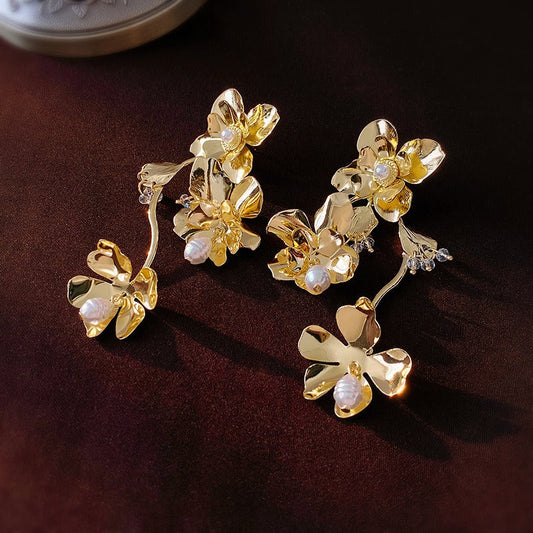 Metallic Flower Pearls Exaggerated Earrings