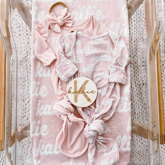 Solid Baby Pink Personalized Newborn Baby Knot Gown