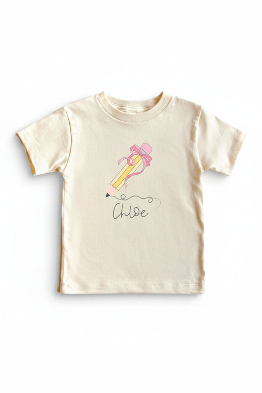 Personalized Pencil Bow Kids Graphic Tee | Natural