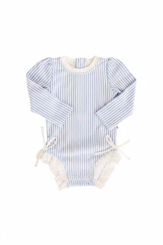Long Sleeve Rash Guard With Ruffle Bottom | Seersucker Blue