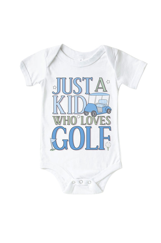 A Kid With Golf Love Blue Graphic Bodysuit & Kids Tee | White