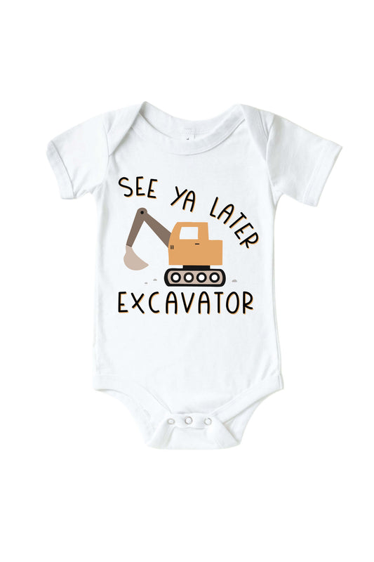 See Ya Later Excavator Graphic Bodysuit & Kids Tee | White