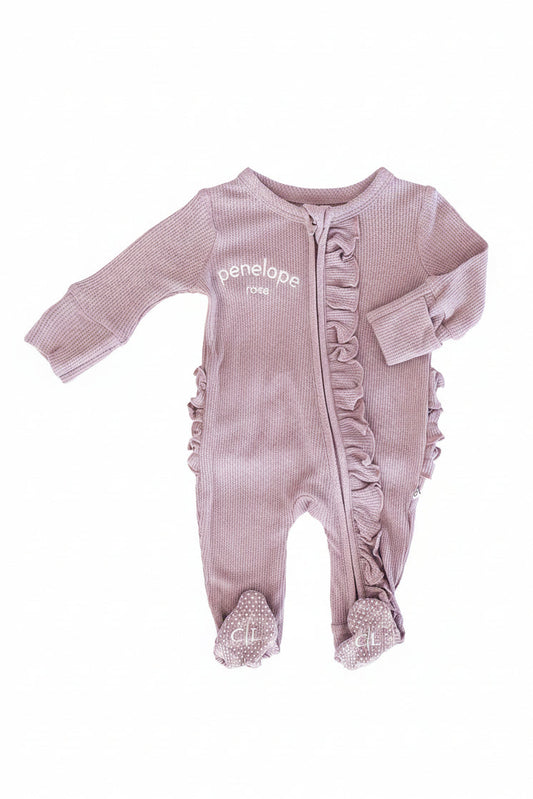 Embroidered Bamboo Waffle Zipper Ruffle Footie | Amethyst