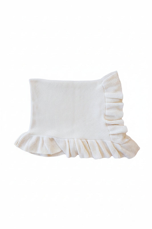 Embroidered Knit Blanket With Ruffle | Ivory
