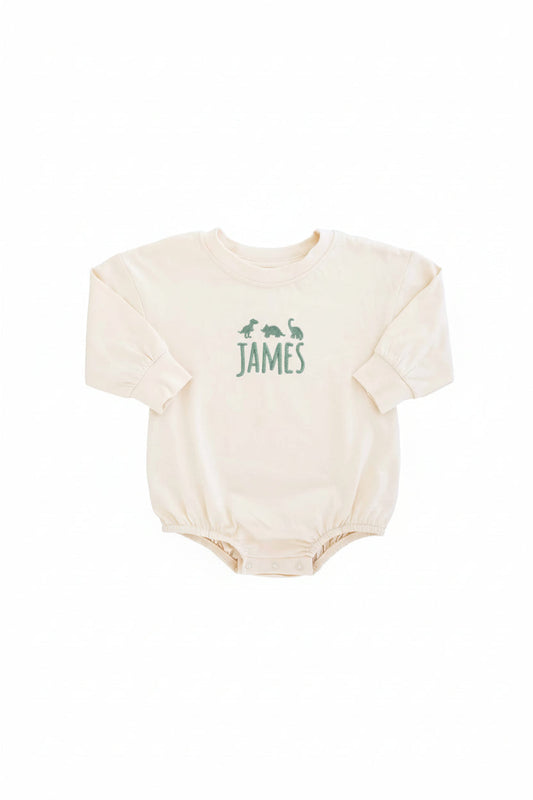 Embroidered Dinosaur Long Sleeve Bubble Romper | Natural