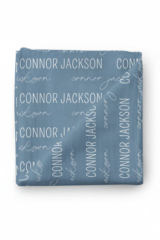 Personalized Dusty Blue Baby Name Swaddle Blanket - Block & Script
