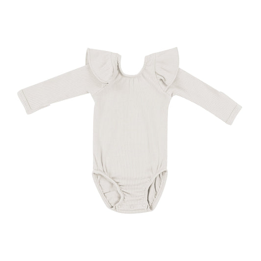 Ribbed Long Sleeve Ruffle Leotard in Oat