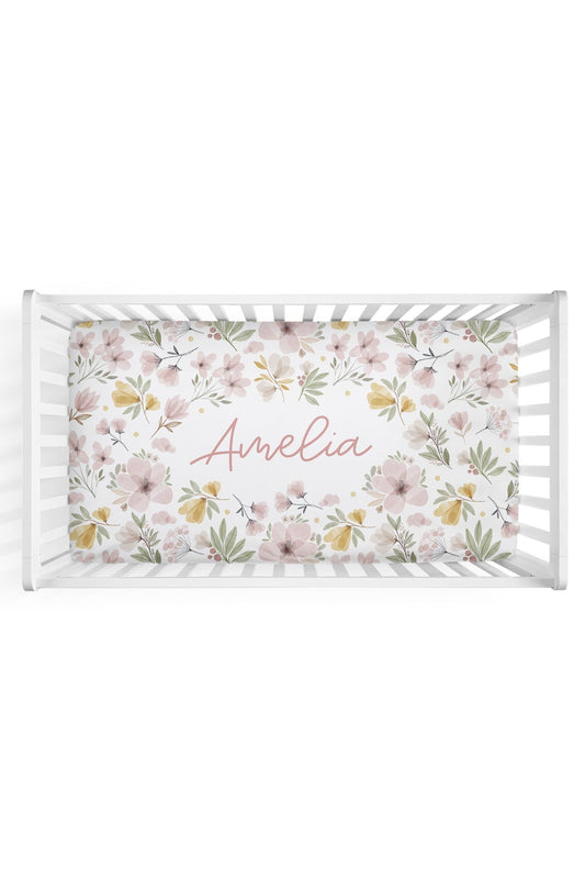 Maeve's Mauve & Mustard Floral Personalized Crib Sheet