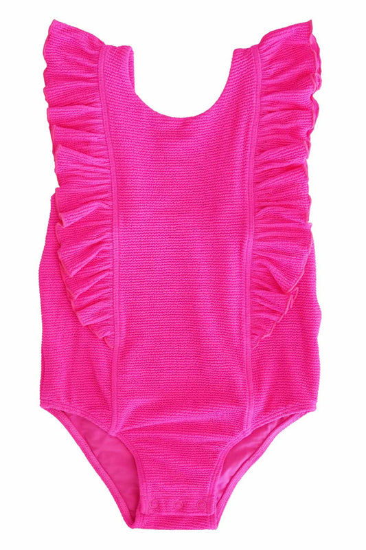 Double Ruffle Crinkle One-Piece | Neon Pink