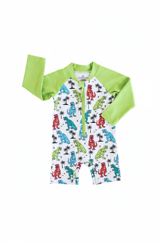 Long Sleeve Rash Guard Swim Romper Shortie | Tropical T-Rex