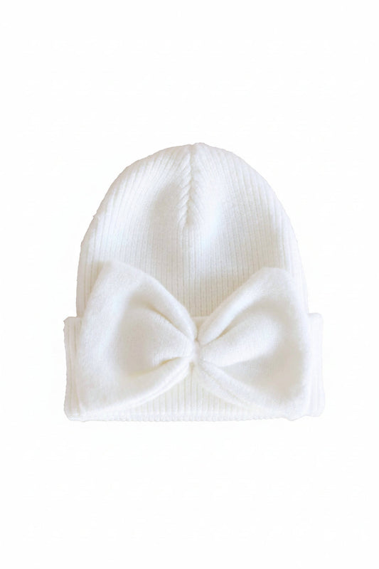 Knit Newborn Bow Beanie | Light Ivory
