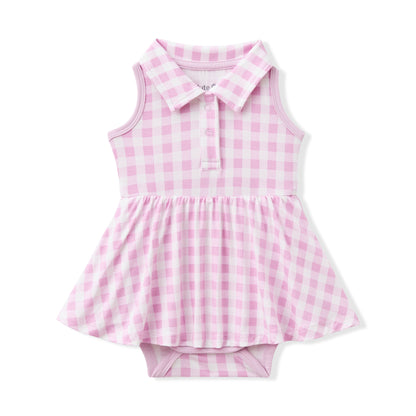 Polo Bodysuit Dress in Gingham Thistle