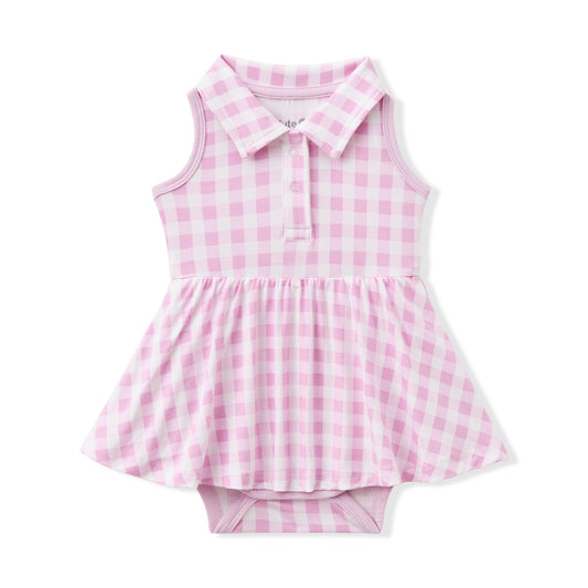 Polo Bodysuit Dress in Gingham Thistle