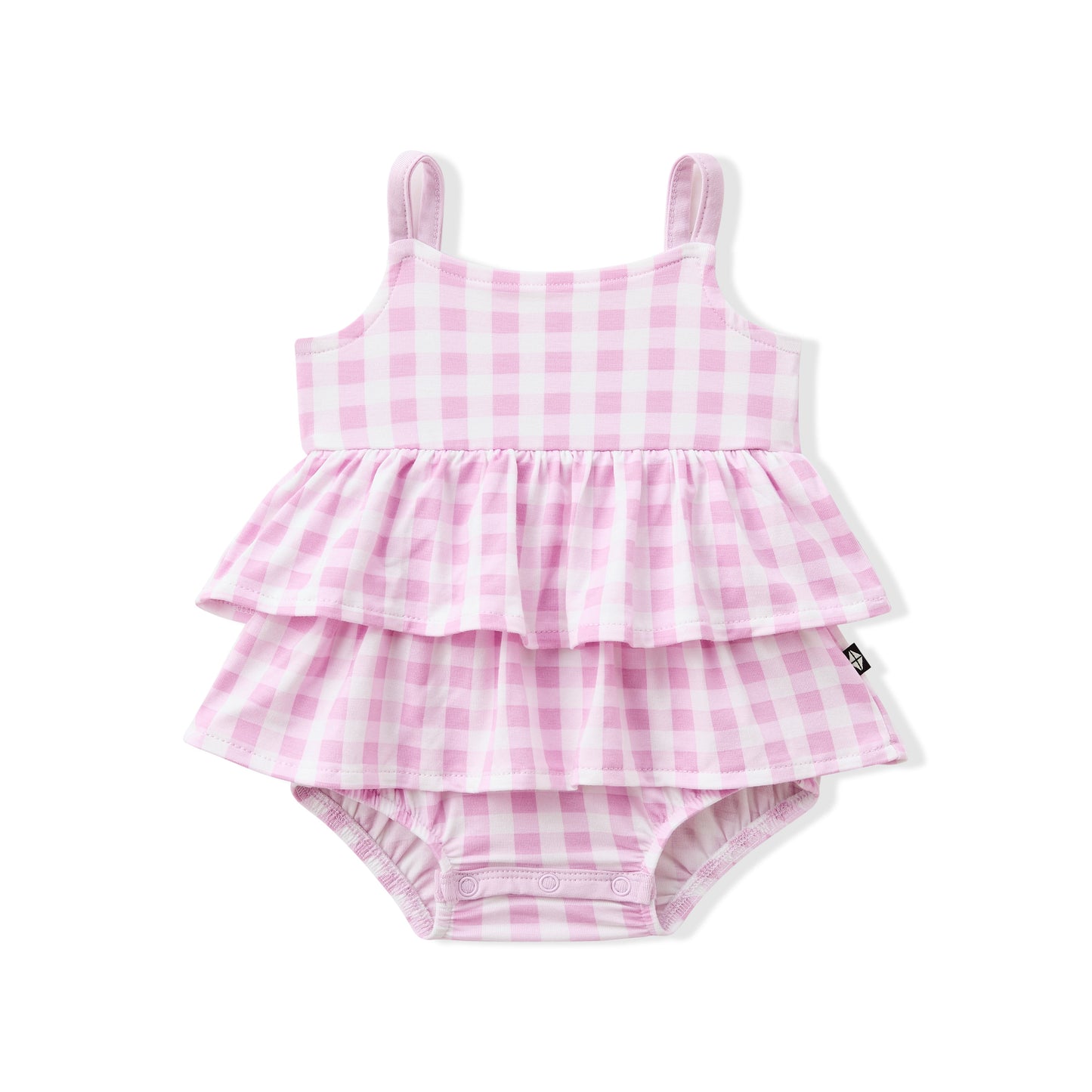 Spaghetti Strap Ruffle Romper in Gingham Thistle
