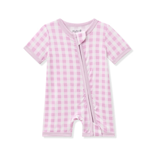 Zipper Shortall Romper in Gingham Thistle