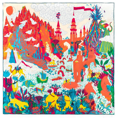 Twill Silk Animal Castle Print Square Scarf