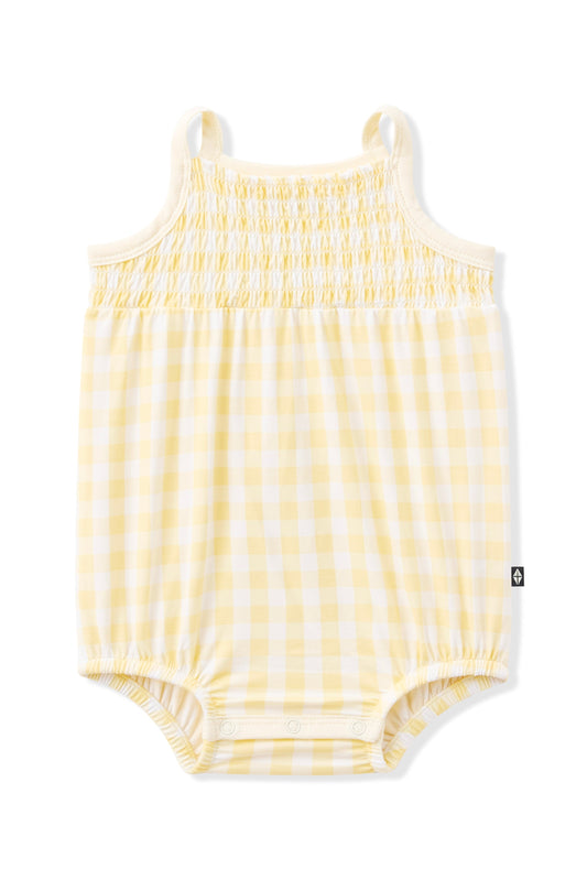 Smocked Bubble Romper in Gingham Chamomile