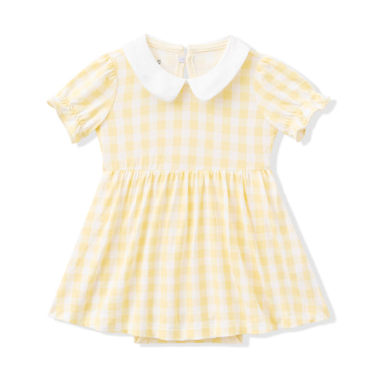 Peter Pan Collar Bodysuit Dress in Gingham Chamomile