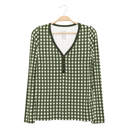 Women's Long Sleeve Henley Tee in Gingham Fir