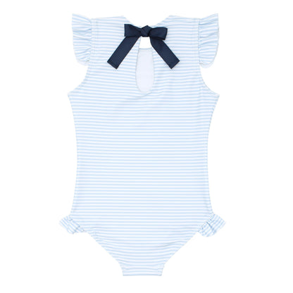 girls powder blue stripe ruffle cap sleeve one piece