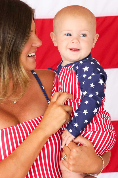 Long Sleeve Rash Guard Swim Romper Shortie | Stars & Stripes Party