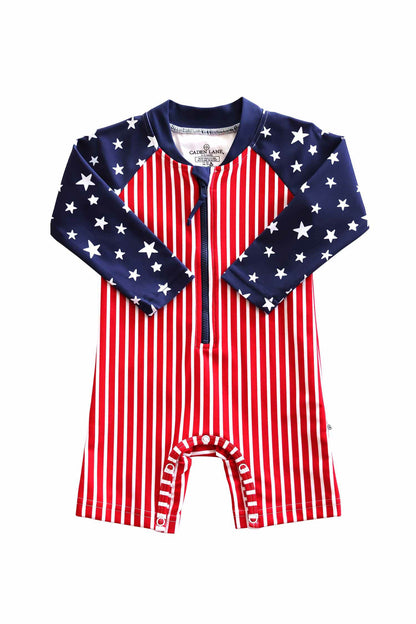 Long Sleeve Rash Guard Swim Romper Shortie | Stars & Stripes Party