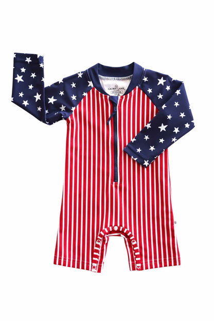 Long Sleeve Rash Guard Swim Romper Shortie | Stars & Stripes Party