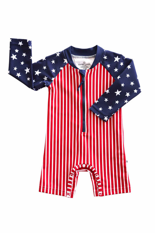 Long Sleeve Rash Guard Swim Romper Shortie | Stars & Stripes Party