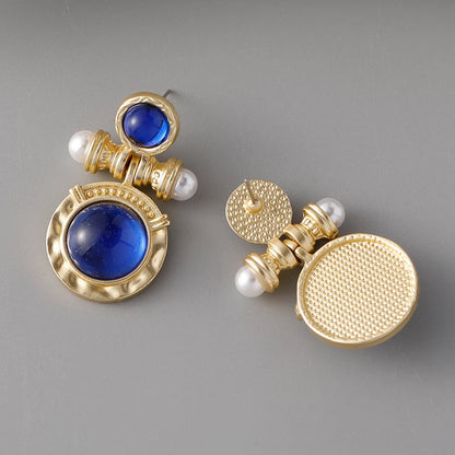Retro Circle Gemstone Pearl Earrings