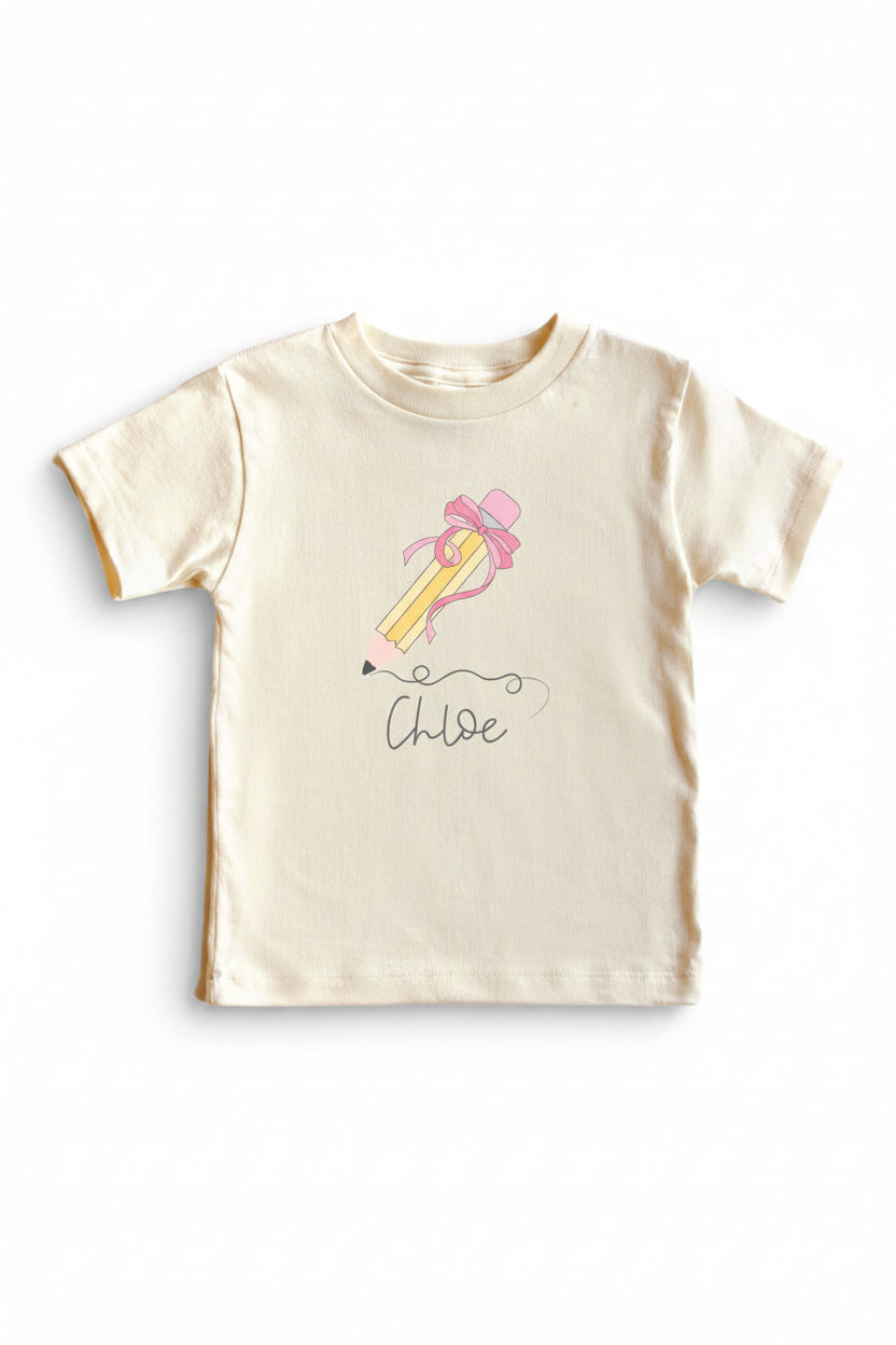 Personalized Pencil Bow Kids Graphic Tee | Natural