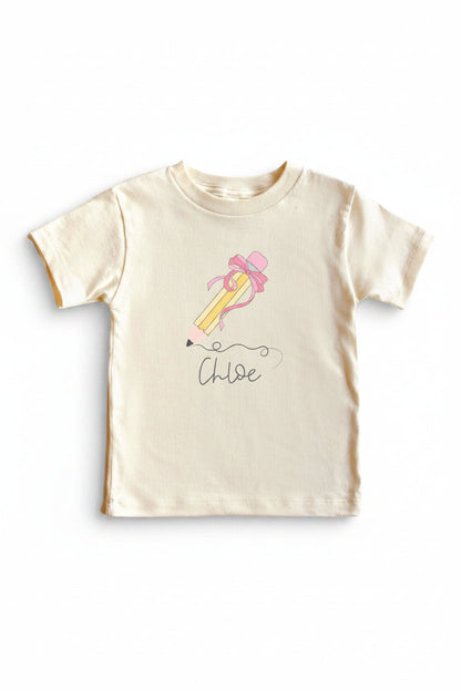 Personalized Pencil Bow Kids Graphic Tee | Natural