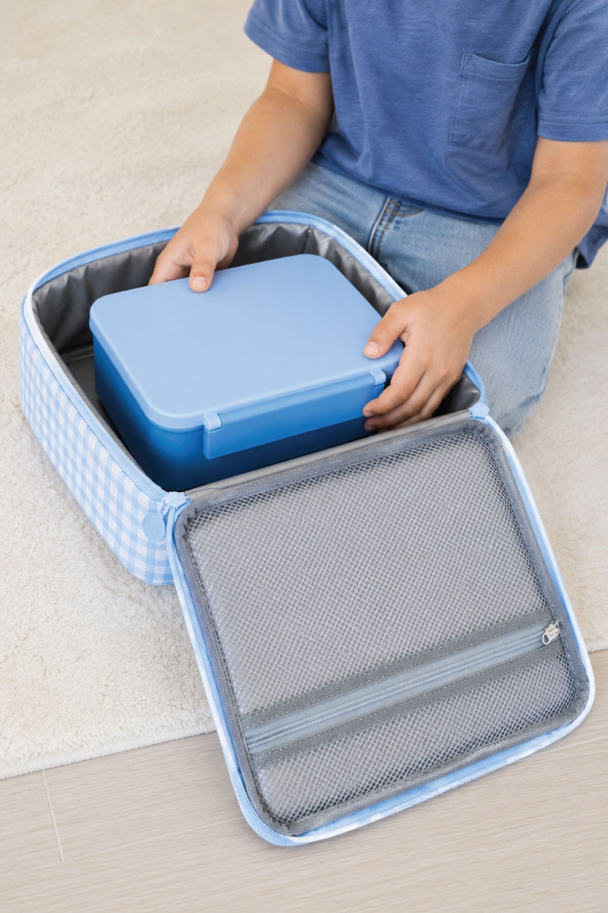 Kids Embroidered Lunchbox | Blue Gingham