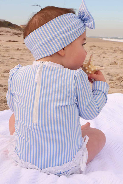 Long Sleeve Rash Guard With Ruffle Bottom | Seersucker Blue