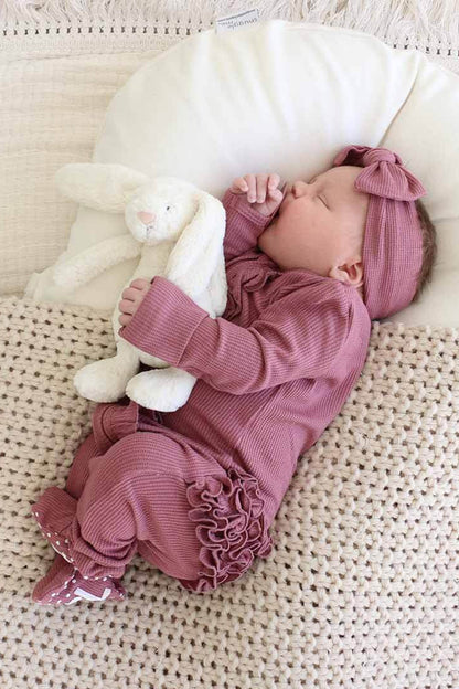 Boysenberry Bamboo Waffle Ruffle Zipper Footie