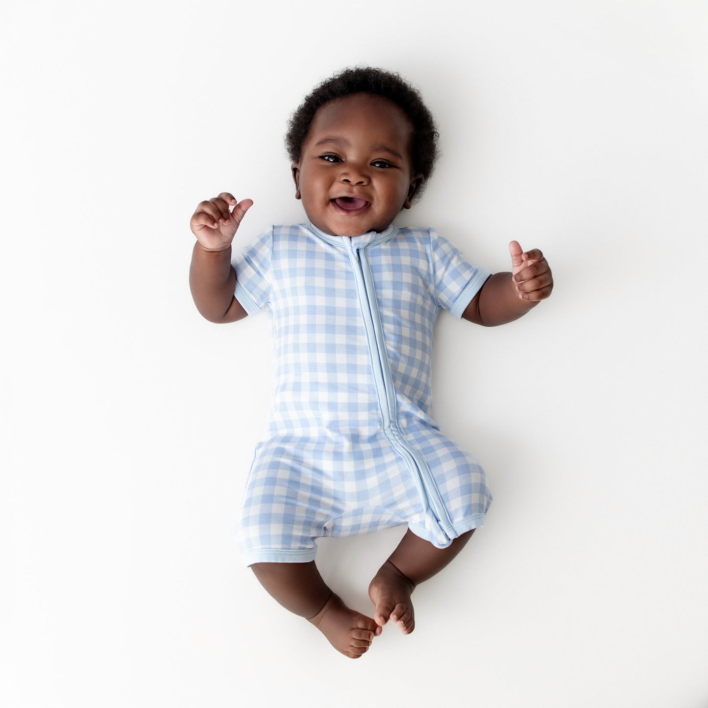 Zipper Shortall Romper in Gingham Breeze