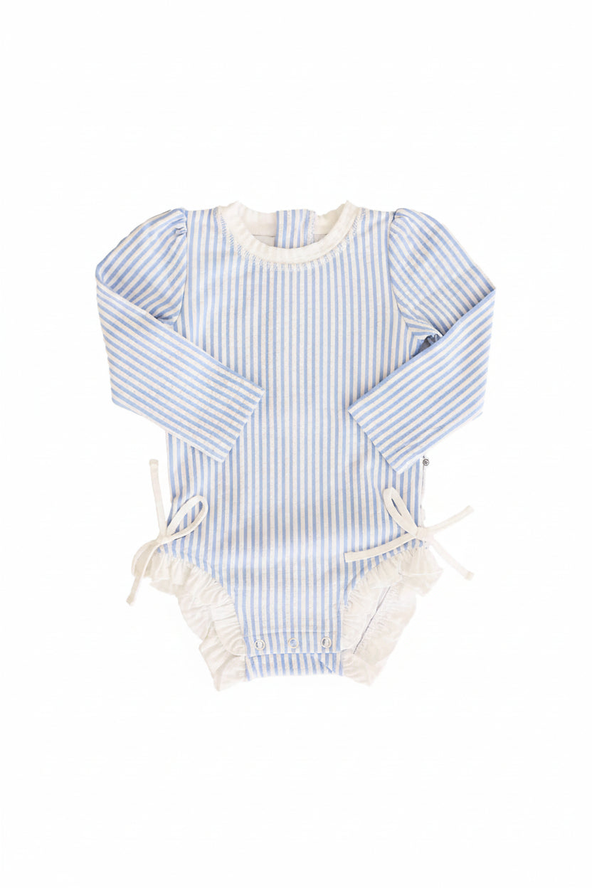 Long Sleeve Rash Guard With Ruffle Bottom | Seersucker Blue
