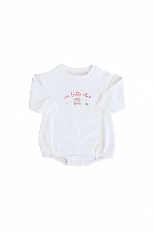 New To The Club Graphic Sweatshirt Bubble Romper | White