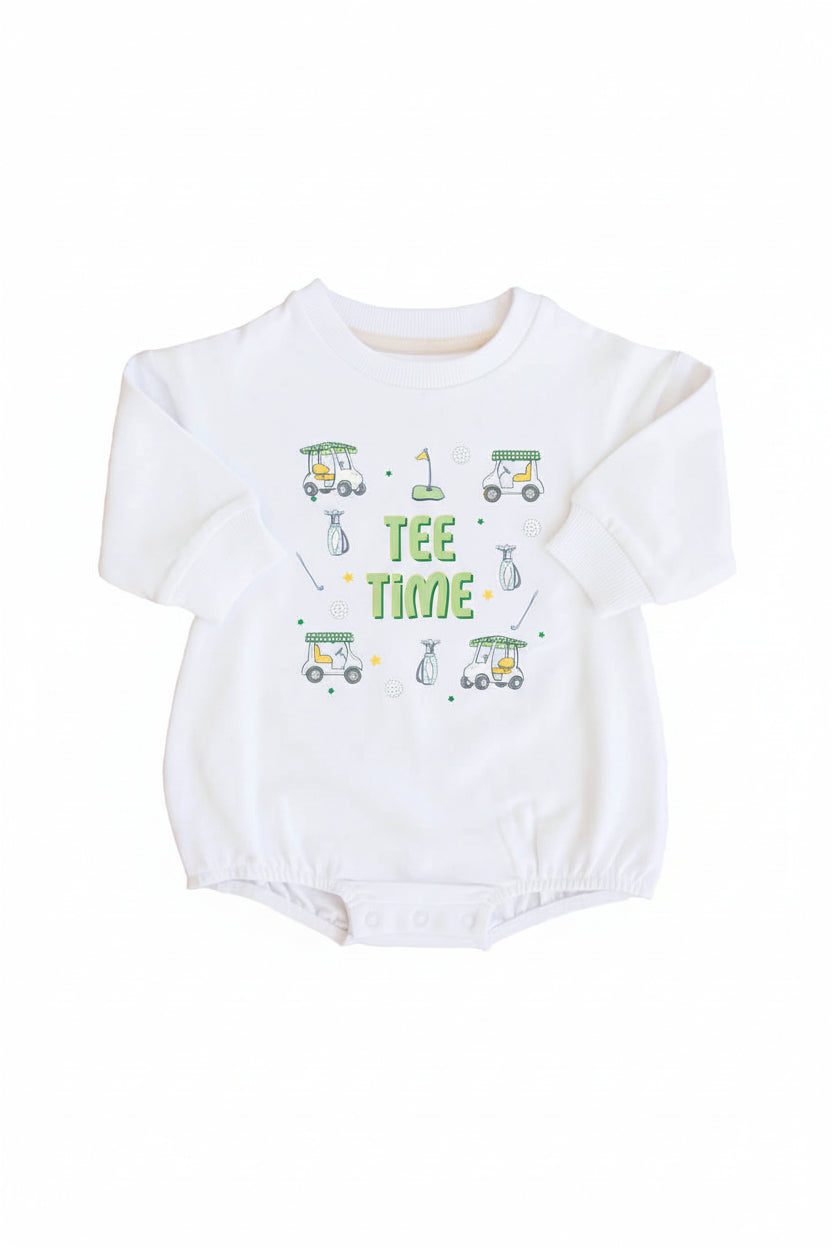 Tee Time Graphic Sweatshirt Bubble Romper | White