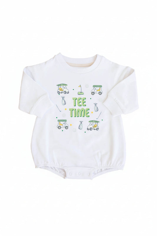 Tee Time Graphic Sweatshirt Bubble Romper | White