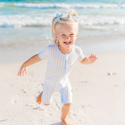 Zipper Shortall Romper in Small Mist Stripe