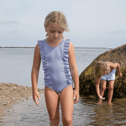 girls navy stripe ruffle one piece