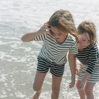 unisex cream and navy stripe boatneck tee