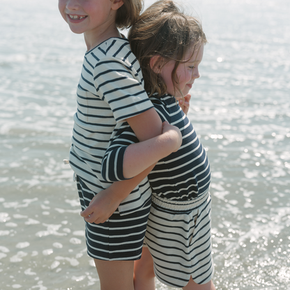 unisex cream and navy stripe boatneck tee