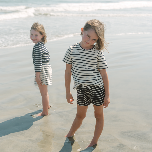 unisex cream and navy stripe boatneck tee