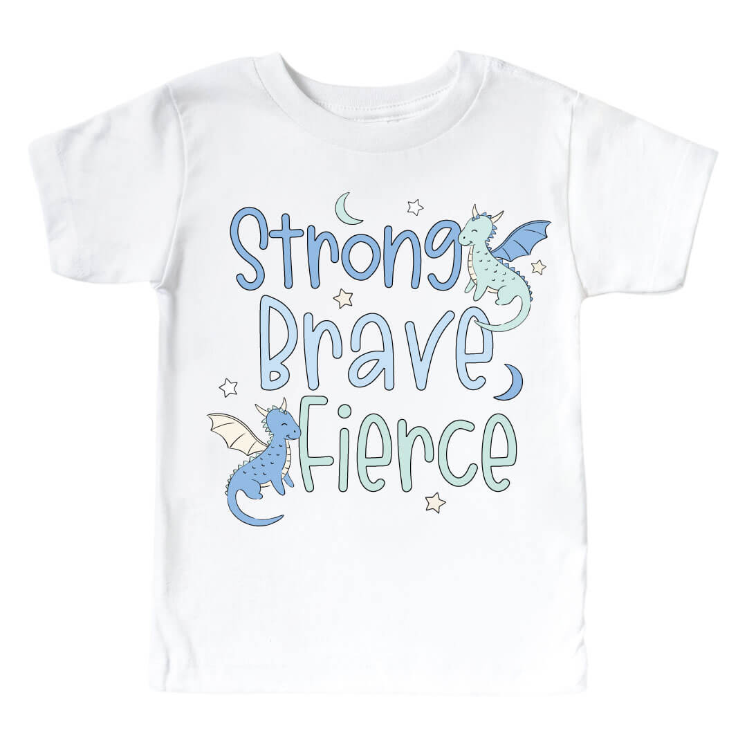 Strong, Brave, Fierce Blue Graphic Bodysuit & Kids Tee | White