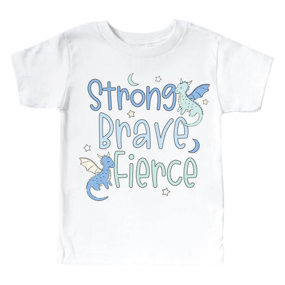 Strong, Brave, Fierce Blue Graphic Bodysuit & Kids Tee | White