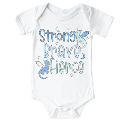 Strong, Brave, Fierce Blue Graphic Bodysuit & Kids Tee | White